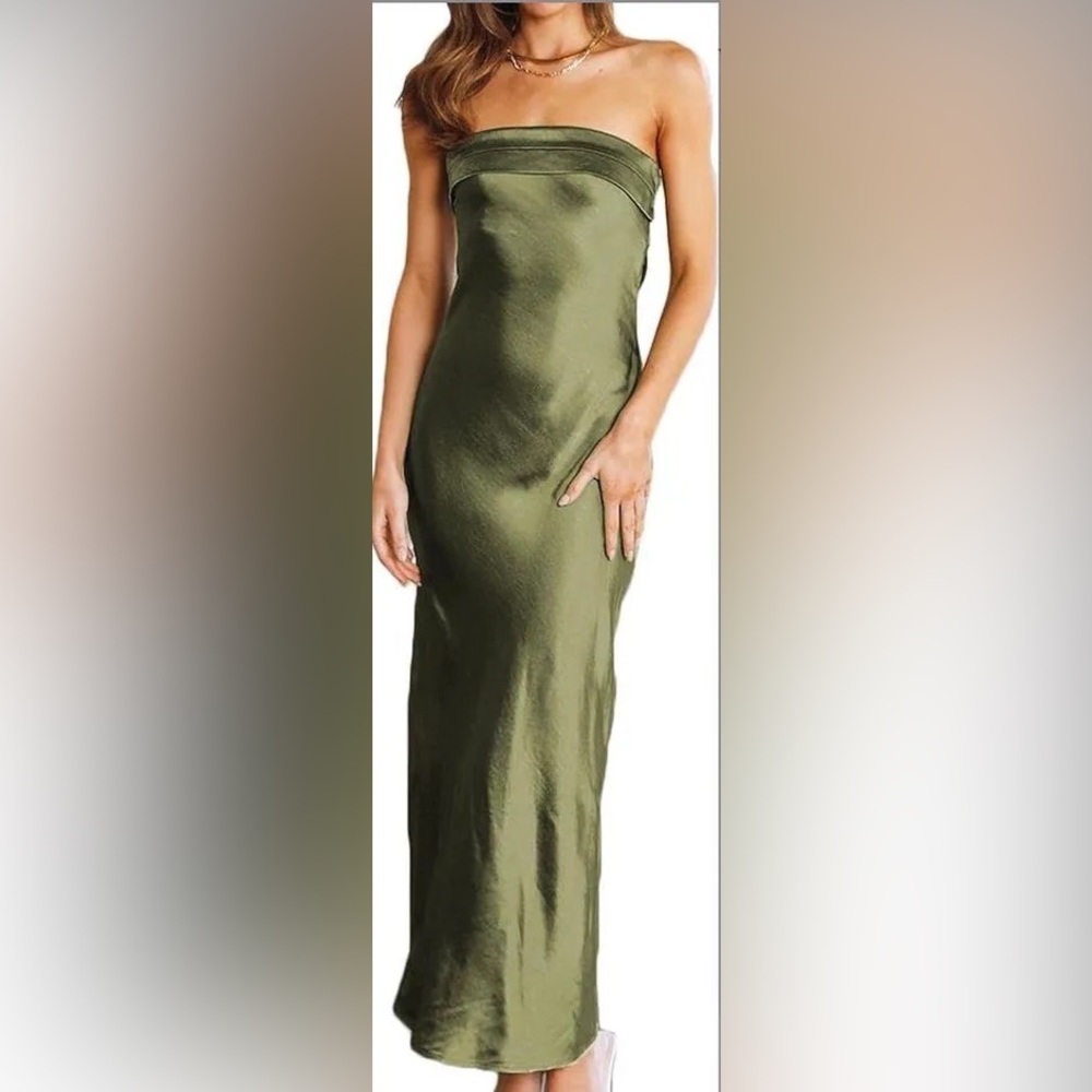 Olive Green Satin Maxi Dress
